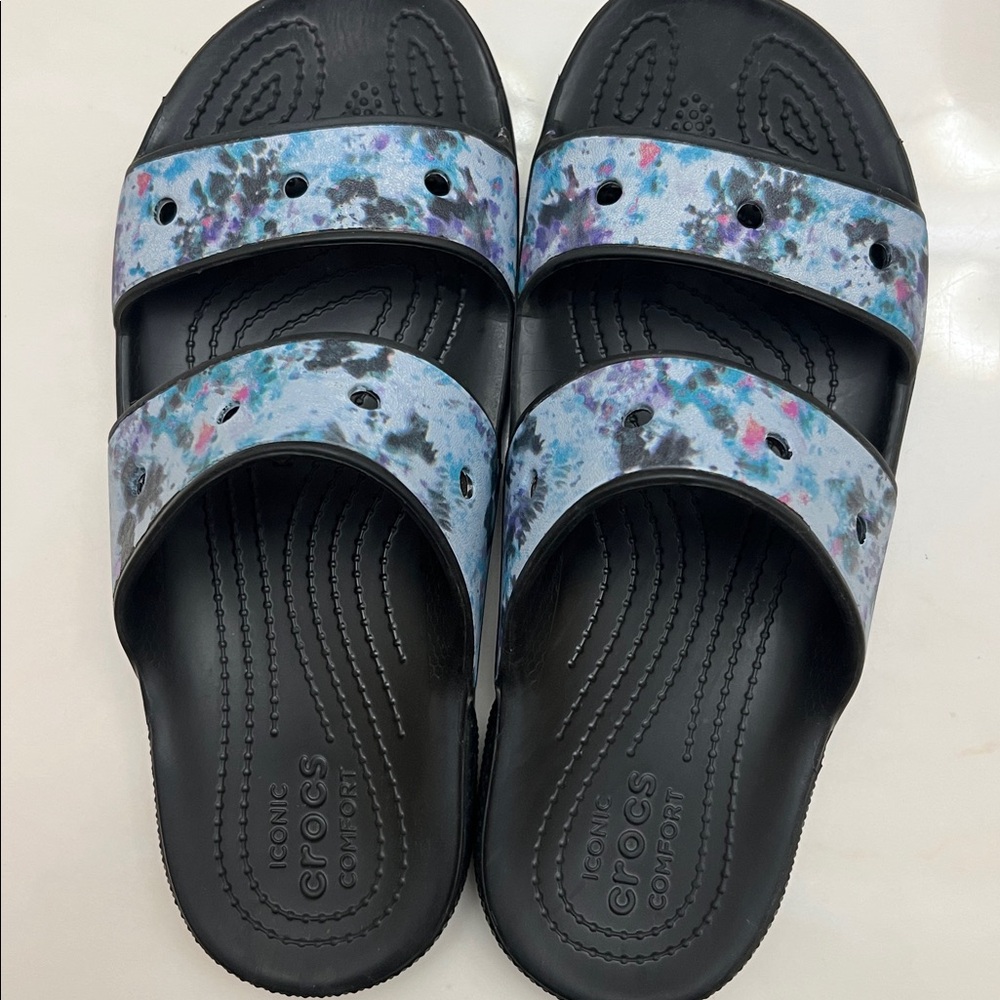 CROCS Black Slides with Blue and Pink Pattern